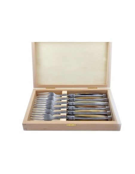 Coffret de fourchettes de table Laguiole, finition inox brossé, manche galbé en pointe de corne claire