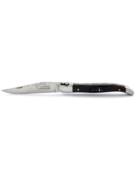 Laguiole pliant, 12 cm, lame seule, ciselé dessus dessous, mitres inox mat, manche en pointe de corne (foncée)