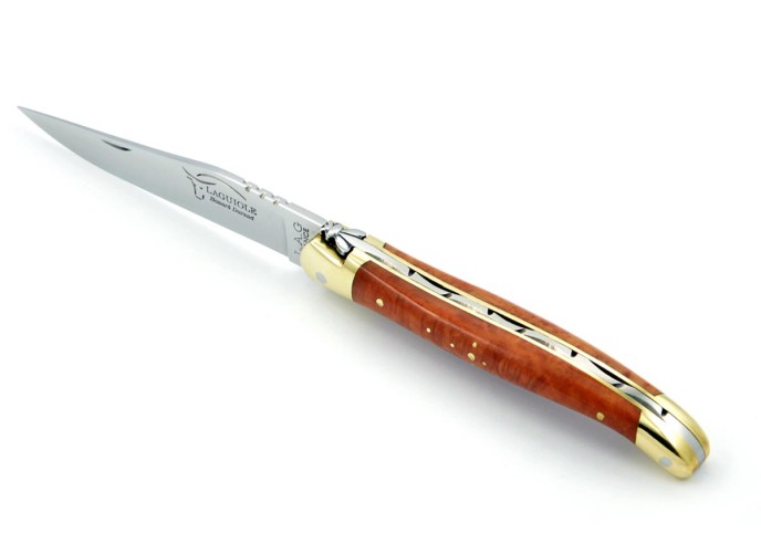 Laguiole pliant, 11 cm, abeille forgée, lame seule, mitres laiton, manche en bruyère