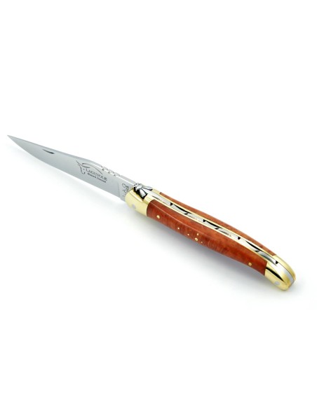 Laguiole pliant, 11 cm, abeille forgée, lame seule, mitres laiton, manche en bruyère