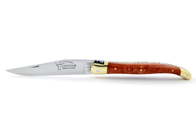 Laguiole pliant, 11 cm, abeille forgée, lame seule, mitres laiton, manche en bruyère