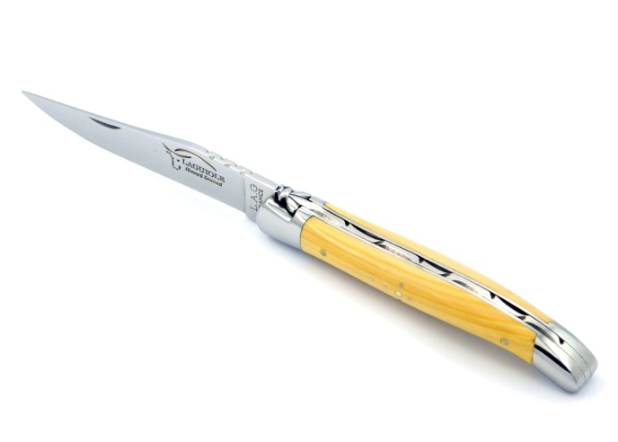 Laguiole pliant, 11 cm, abeille forgée, lame seule, mitres inox brillant, manche en buis