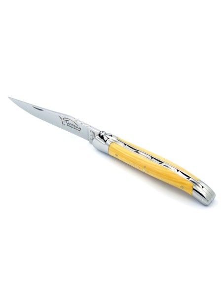 Laguiole pliant, 11 cm, abeille forgée, lame seule, mitres inox brillant, manche en buis