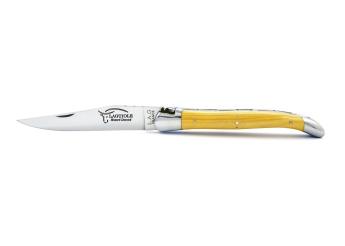 Laguiole pliant, 11 cm, abeille forgée, lame seule, mitres inox brillant, manche en buis