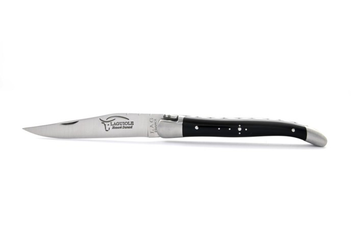 Laguiole pliant, 11 cm, abeille forgée, lame seule, manche en pointe de corne (foncée)