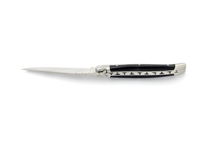 Laguiole pliant, 11 cm, abeille forgée, lame seule, manche en pointe de corne (foncée)