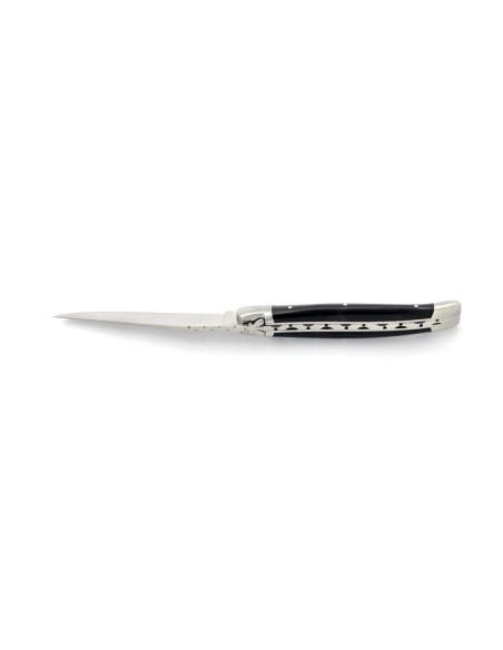 Laguiole pliant, 11 cm, abeille forgée, lame seule, manche en pointe de corne (foncée)