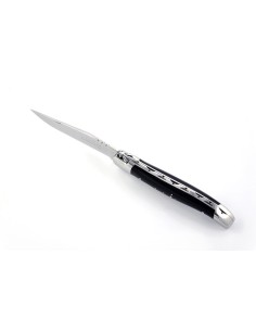 Laguiole pliant, 11 cm, abeille forgée, lame seule, mitres inox brillant, manche en pointe de corne (foncée)