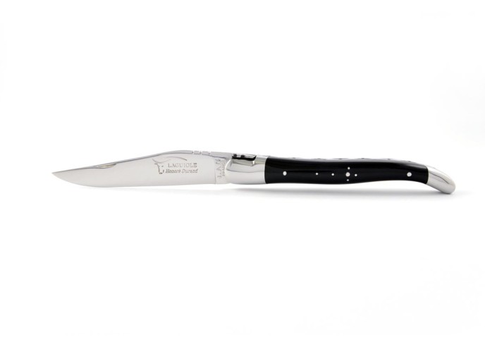 Laguiole pliant, 11 cm, abeille forgée, lame seule, mitres inox brillant, manche en pointe de corne (foncée)