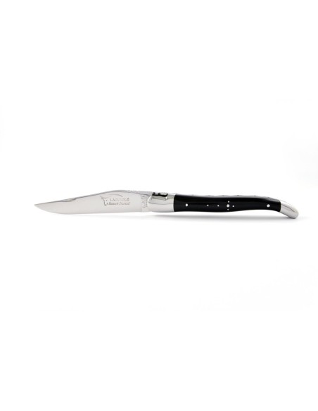 Laguiole pliant, 11 cm, abeille forgée, lame seule, mitres inox brillant, manche en pointe de corne (foncée)