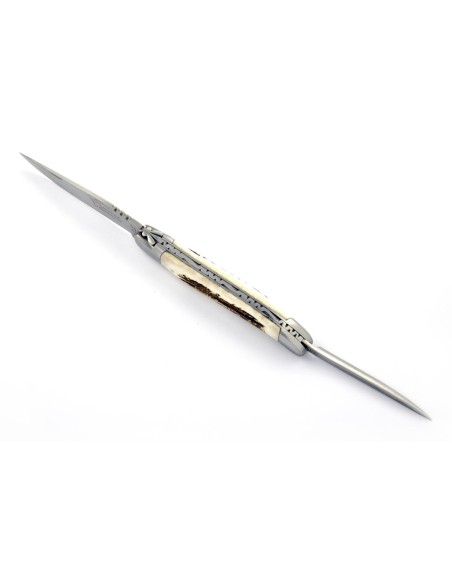 Laguiole pliant, 12 cm, abeille forgée, lame et poinçon, mitres inox mat, manche bois de cerf