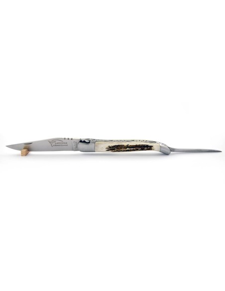 Laguiole pliant, 12 cm, abeille forgée, lame et poinçon, mitres inox mat, manche bois de cerf