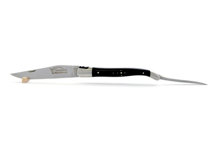 Laguiole pliant, 12 cm, abeille forgée, lame et poinçon, mitres inox mat, manche bois d'ébène