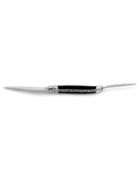 Laguiole pliant, 12 cm, abeille forgée, lame et poinçon, mitres inox mat, manche bois d'ébène
