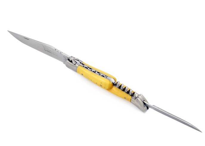 Laguiole pliant, 12 cm, abeille forgée, lame & tire-bouchon & poinçon, mitres inox mat, manche buis