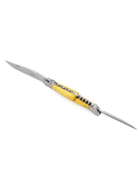 Laguiole pliant, 12 cm, abeille forgée, lame & tire-bouchon & poinçon, mitres inox mat, manche buis