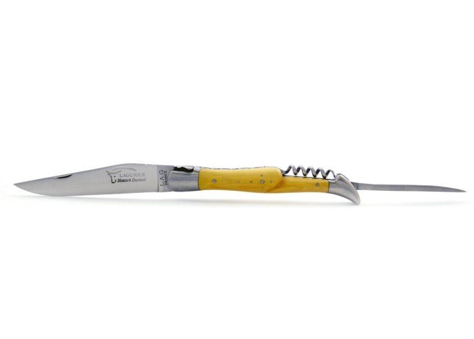 Laguiole pliant, 12 cm, abeille forgée, lame & tire-bouchon & poinçon, mitres inox mat, manche buis