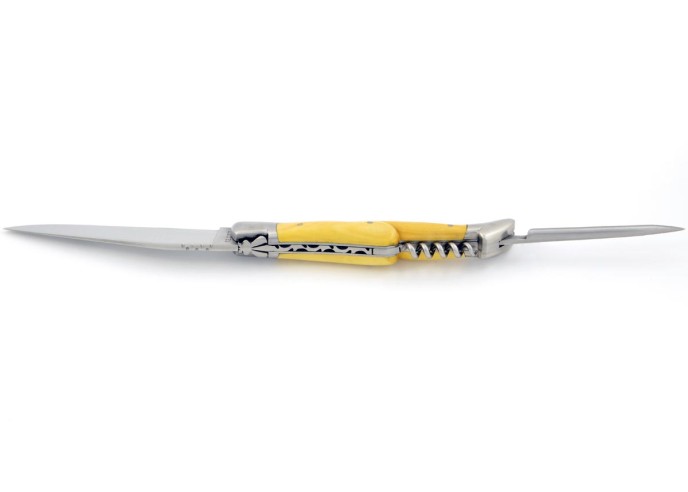 Laguiole pliant, 12 cm, abeille forgée, lame & tire-bouchon & poinçon, mitres inox mat, manche buis