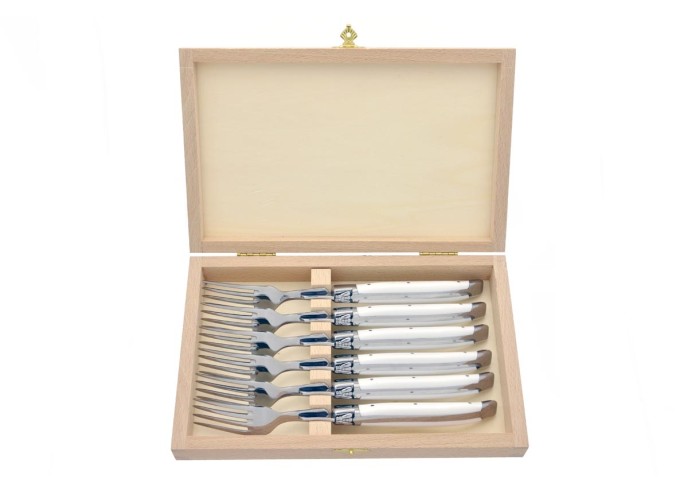 Coffret de fourchettes de table Laguiole, mitres inox brillant, manche fin en corian blanc