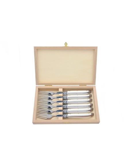 Coffret de fourchettes de table Laguiole, mitres inox brillant, manche fin en corian blanc
