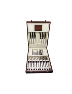 Ménagère Laguiole,  24 pièces avec manche corian blanc et mitres inox brillant, lavables en machine, mallette bois massif
