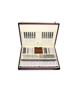 Ménagère Laguiole, 48 pièces avec manche corian blanc et mitres inox brillant, lavables en machine, mallette bois massif