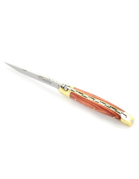 Laguiole pliant, 10 cm, abeille forgée, lame seule, mitres laiton, manche en bois de rose