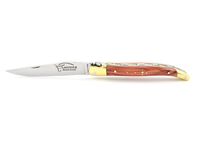 Laguiole pliant, 10 cm, abeille forgée, lame seule, mitres laiton, manche en bois de rose