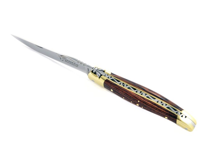 Laguiole pliant, 10 cm, abeille forgée, lame seule, mitres laiton, manche en bois de violette