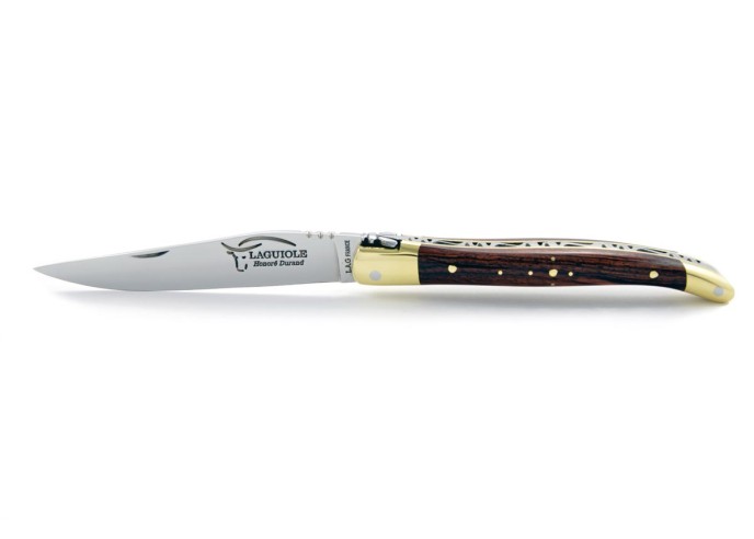 Laguiole pliant, 10 cm, abeille forgée, lame seule, mitres laiton, manche en bois de violette