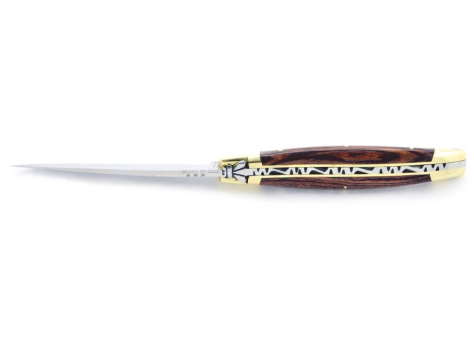 Laguiole pliant, 10 cm, abeille forgée, lame seule, mitres laiton, manche en bois de violette