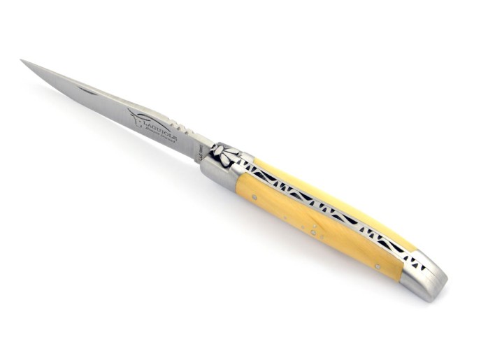 Laguiole pliant, 10 cm, abeille forgée, lame seule, mitres inox mat, manche en buis