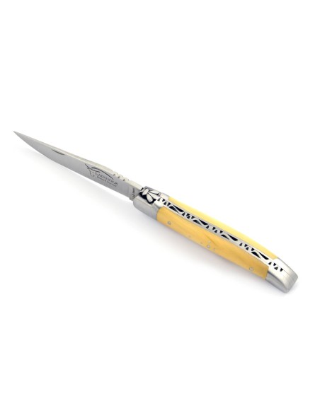 Laguiole pliant, 10 cm, abeille forgée, lame seule, mitres inox mat, manche en buis