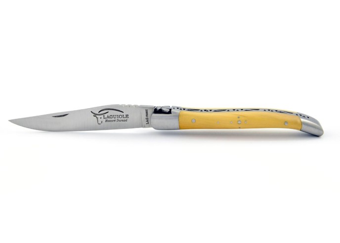 Laguiole pliant, 10 cm, abeille forgée, lame seule, mitres inox mat, manche en buis
