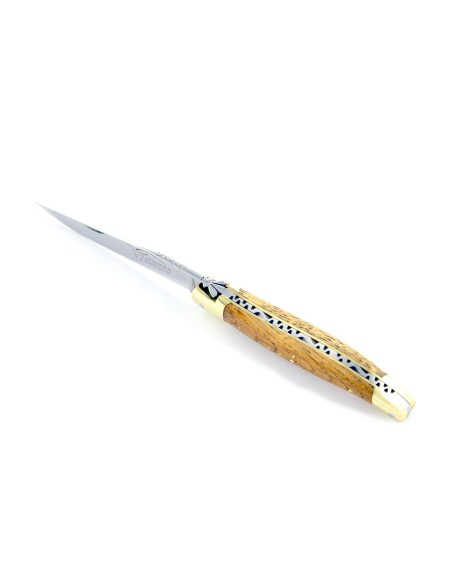 Laguiole pliant, 10 cm, abeille forgée, lame seule, mitres laiton, manche en chêne de barrique