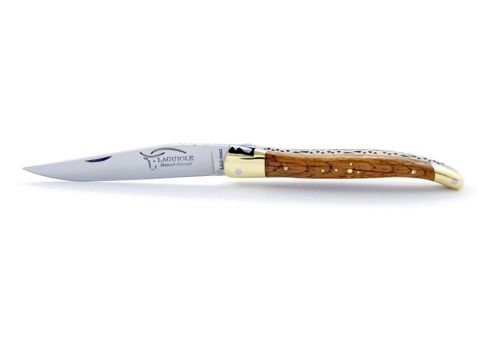 Laguiole pliant, 10 cm, abeille forgée, lame seule, mitres laiton, manche en chêne de barrique
