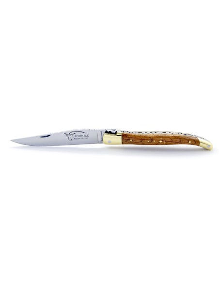 Laguiole pliant, 10 cm, abeille forgée, lame seule, mitres laiton, manche en chêne de barrique
