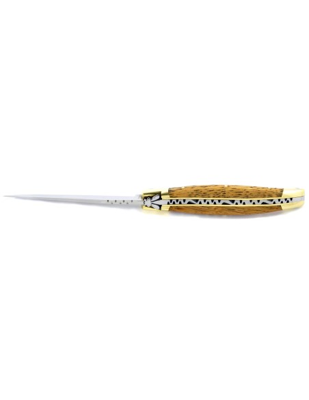 Laguiole pliant, 10 cm, abeille forgée, lame seule, mitres laiton, manche en chêne de barrique