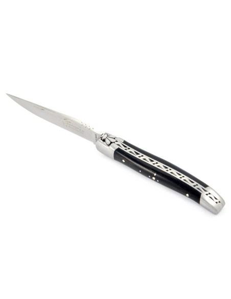 Laguiole pliant, 10 cm, abeille forgée, lame seule, mitres inox mat, manche en bois d'ébène