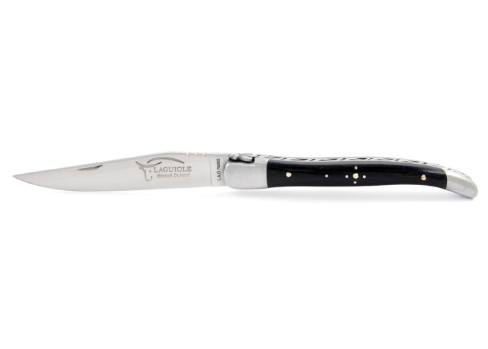 Laguiole pliant, 10 cm, abeille forgée, lame seule, mitres inox mat, manche en bois d'ébène