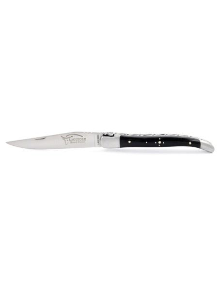 Laguiole pliant, 10 cm, abeille forgée, lame seule, mitres inox mat, manche en bois d'ébène