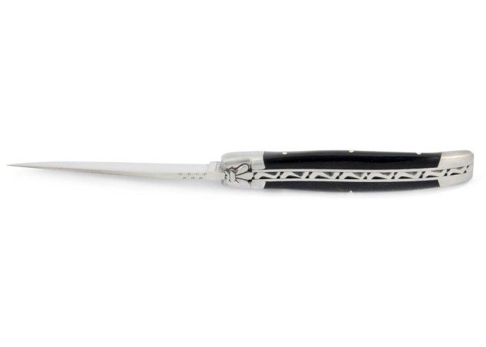 Laguiole pliant, 10 cm, abeille forgée, lame seule, mitres inox mat, manche en bois d'ébène