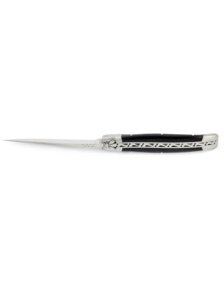 Laguiole pliant, 10 cm, abeille forgée, lame seule, mitres inox mat, manche en bois d'ébène