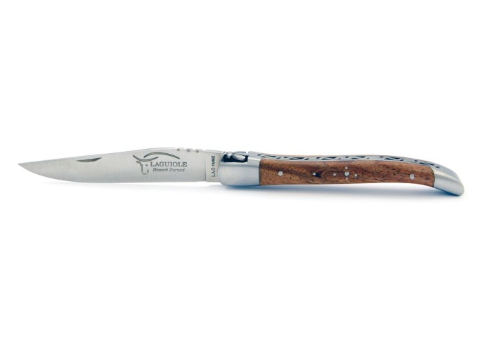 Laguiole pliant, 10 cm, lame seule, abeille forgée, mitres inox mat, manche en bois d'orme