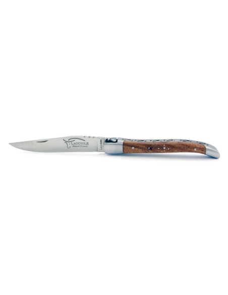Laguiole pliant, 10 cm, lame seule, abeille forgée, mitres inox mat, manche en bois d'orme