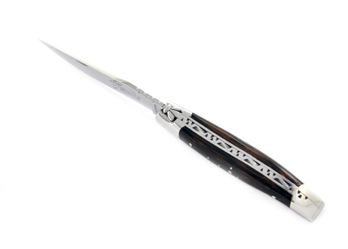 Laguiole pliant, 10 cm, abeille forgée, lame seule, mitres inox brillant, manche en bois de palmier
