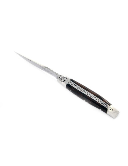 Laguiole pliant, 10 cm, abeille forgée, lame seule, mitres inox brillant, manche en bois de palmier