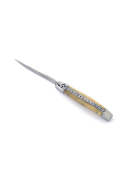 Laguiole pliant, 10 cm, abeille forgée, lame seule, mitres inox mat, manche en pointe de corne (claire)
