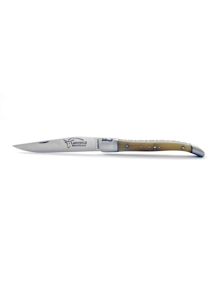 Laguiole pliant, 10 cm, abeille forgée, lame seule, mitres inox mat, manche en pointe de corne (claire)