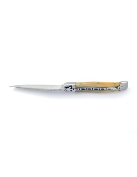Laguiole pliant, 10 cm, abeille forgée, lame seule, mitres inox mat, manche en pointe de corne (claire)